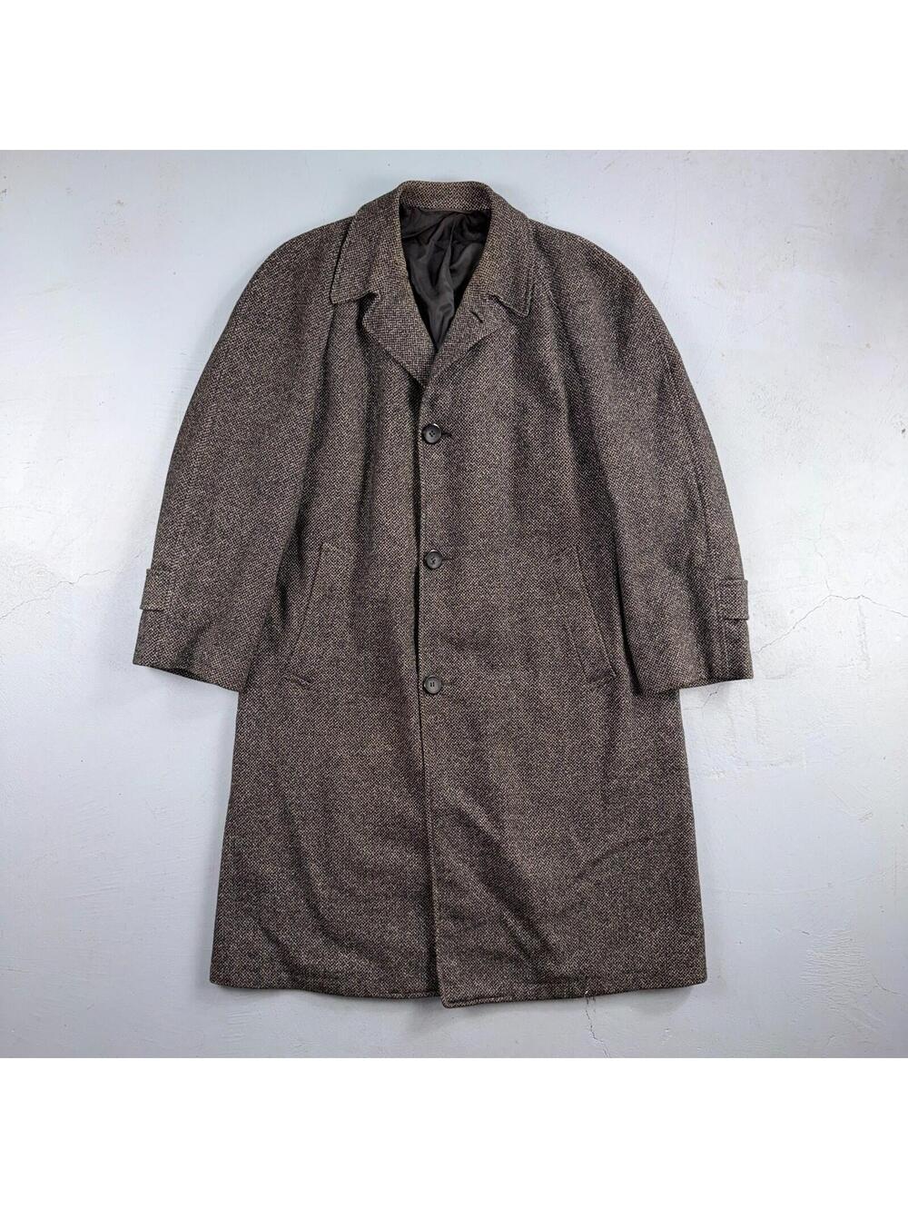 VTG 1950s 1960s Coat Trench Mens Gray Tweed Wool Rockabilly Overcoat Long Duster